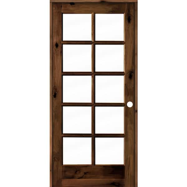 Krosswood Doors 36 in. x 80 in. Knotty Alder Left-Handed 10-Lite Clear Glass Red Mahogany Stain Wood Single Prehung Interior Door