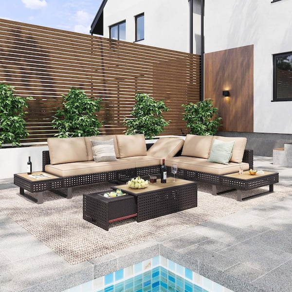 6-Piece Wicker with Extendable Coffee Table Patio Conversation Set with Khaki Cushions