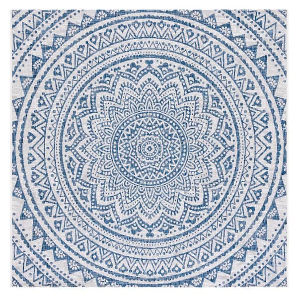 Courtyard Ivory/Navy 8 ft. x 8 ft. Medallion Indoor/Outdoor Square Area Rug