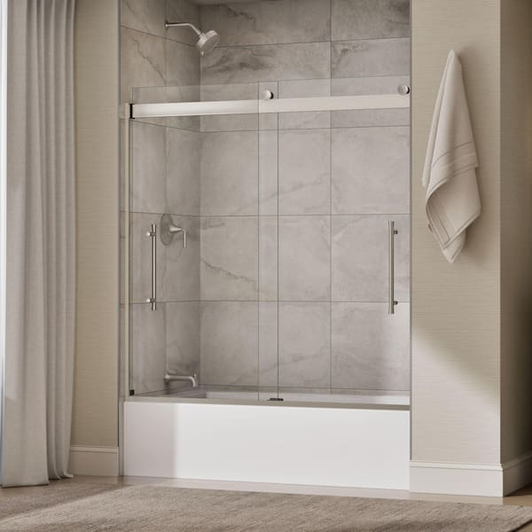 Elmbrook 55-60 in. W x 62 in. H Sliding Frameless Bathtub Door in Anodized Brushed Nickel with Clear Tempered Glass