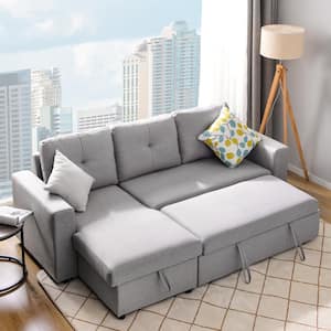 90 in. W Gray Polyester Full Size Reversible Pull Out Sleeper L-Shaped 3 Seats Sectional Storage Sofa Bed