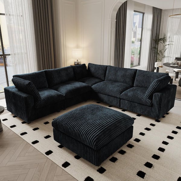118 in. Modular Black Plush Velvet Cal King Size 5-Seat Convertible Sleeper Sofa Bed with Ottoman and Washable Covers