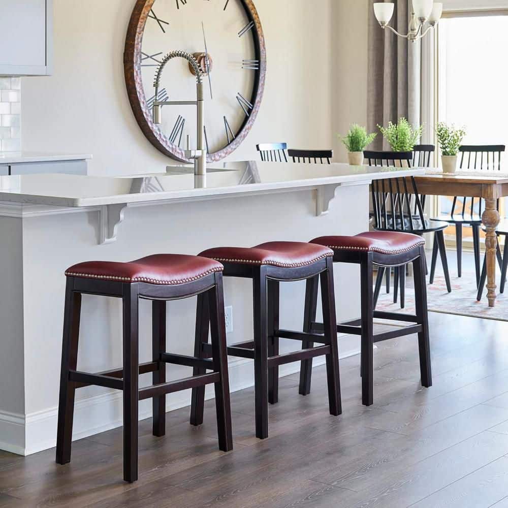 Espresso Wood and Red Faux Leather Saddle Barstool