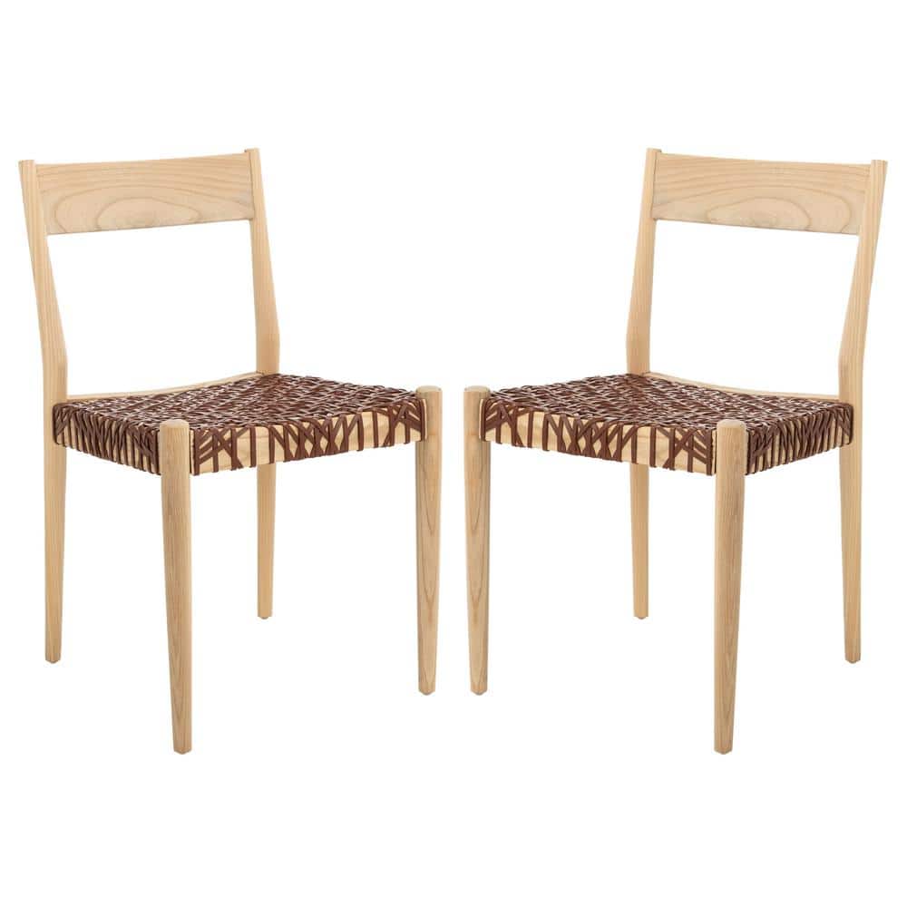 Chic Cognac Woven Leather & Natural Wood Dining Chair Set