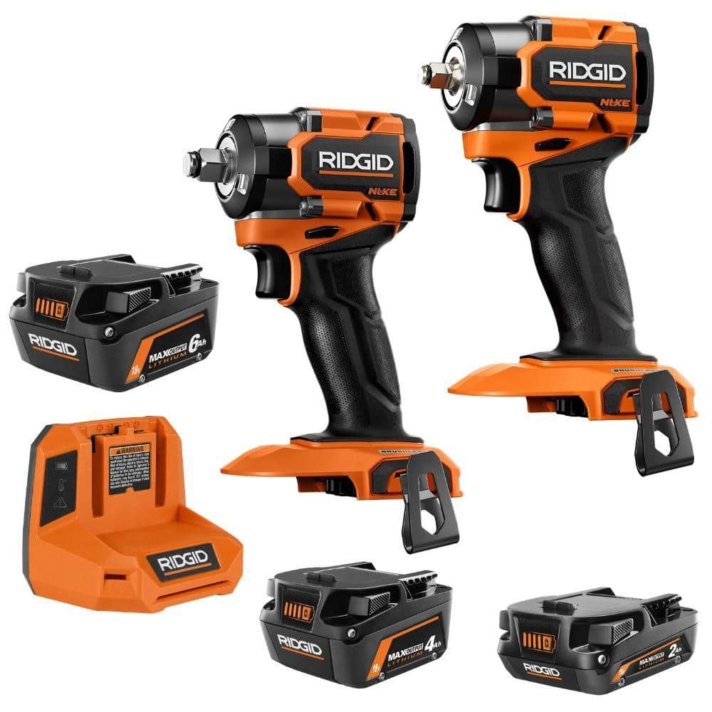 RIDGID 18V NUKE SubCompact Brushless Cordless 3/8" & 1/2" Impact Wrenches w/ 18V (3) Batteries & Charger Starter Kit (IW0151R9302460)