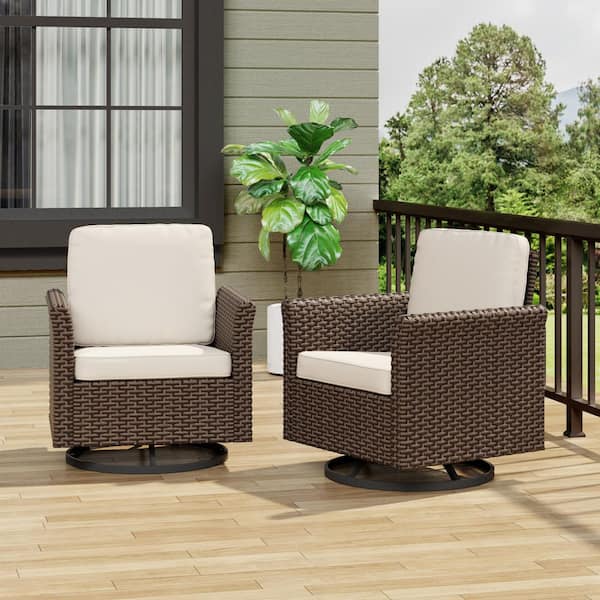 INMITOM 2-Piece Wicker Outdoor Lounge Chair Set with Beige Cushions for Patio, Deck, or Backyard
