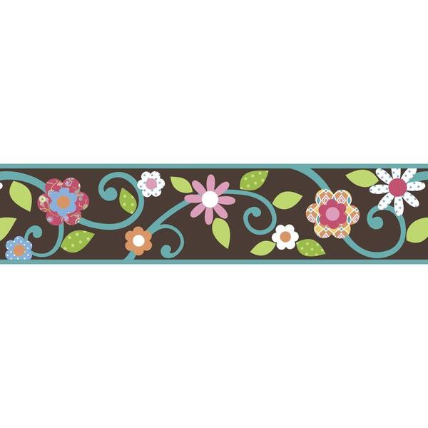 RoomMates Brown/Teal Scroll Floral Peel and Stick Wallpaper Border