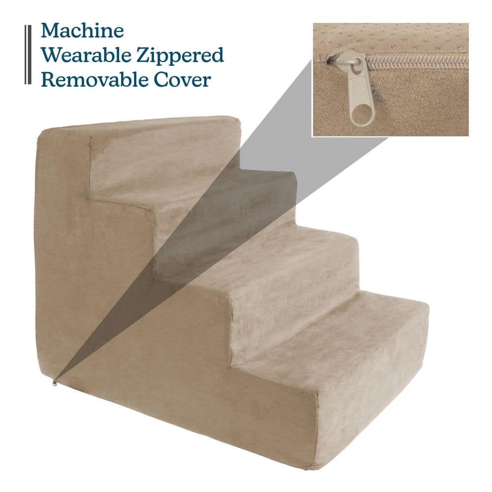 Tan 4-Step High-Density Foam Pet Stairs with Microfiber Cover