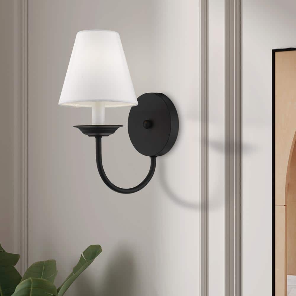 Black Steel Wall Sconce with Off-White Shade
