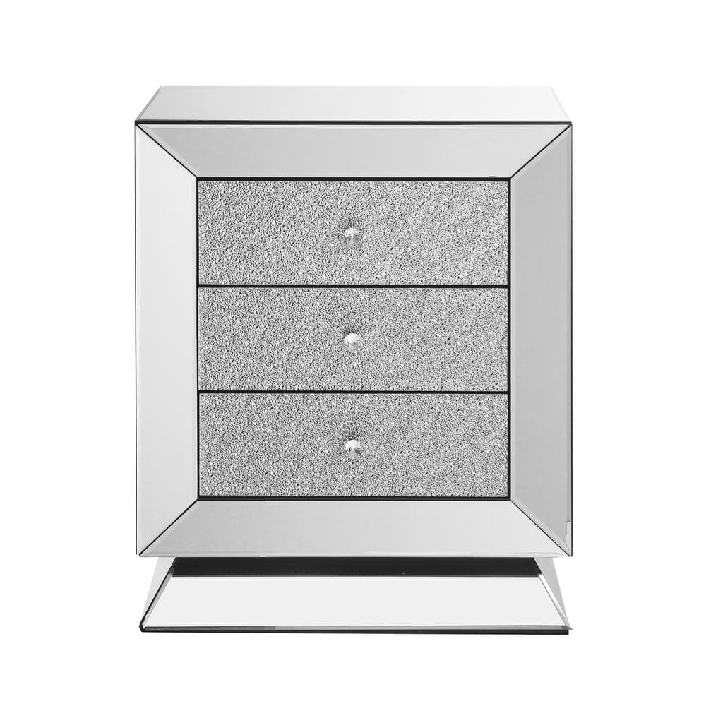 Silver MDF Outdoor Side Table with 3-Drawers, Glass Doors, Mirrored Small S
