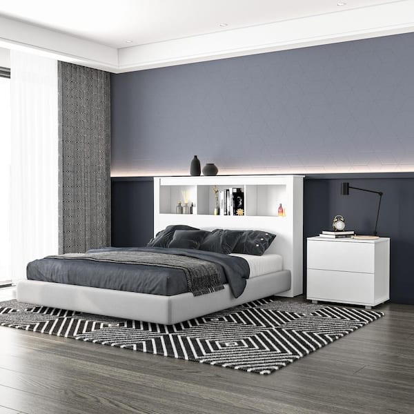 Madison 2 Piece White Wood Queen Size Bedroom Set with Headboard and Nightstand