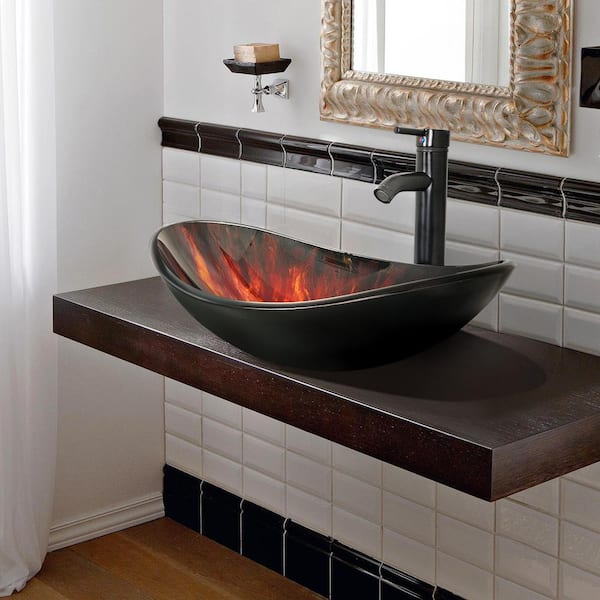Puluomis 21" Bathroom sink in Black and Red Glass Oval Vessel Sink with Faucet Pop Up Drain Set