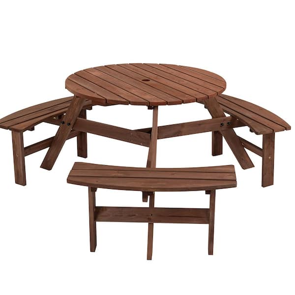 BTMWAY Brown 35.43 in. 6-Person DIY Circular Fir Wood Outdoor Picnic Table with Benches and Umbrella Hole, High Capacity