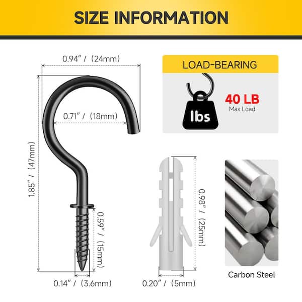 1-1/2 in. Black Cup Hook, 40 lbs. Capacity Screw Hooks (50-Pack)