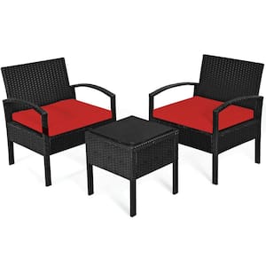 3-Pieces Outdoor Rattan Patio Conversation Set with Red Seat Cushions