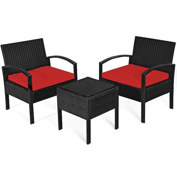 FORCLOVER 3-Pieces Outdoor Rattan Patio Conversation Set with Red Seat Cushions