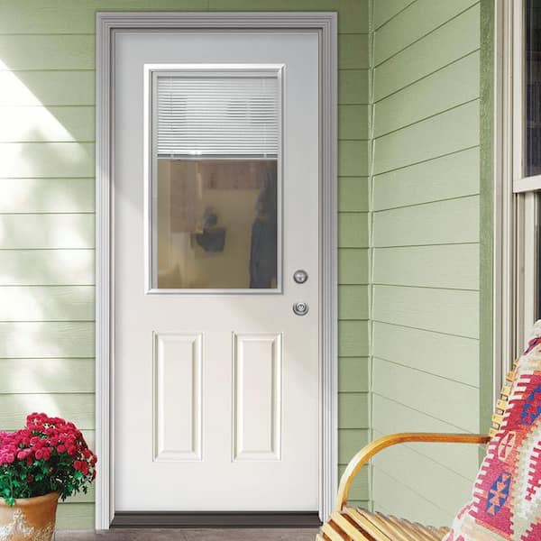 31-3/4 in. x 79 in. Reliant Series Mini-Blind White Primed Clear Glass Half Lite Fiberglass Back Door Slab