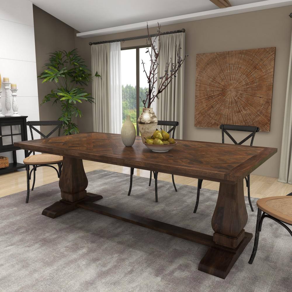 Parquet Inlay Reclaimed Pine Wood 84" Dining Table with Marble Accents