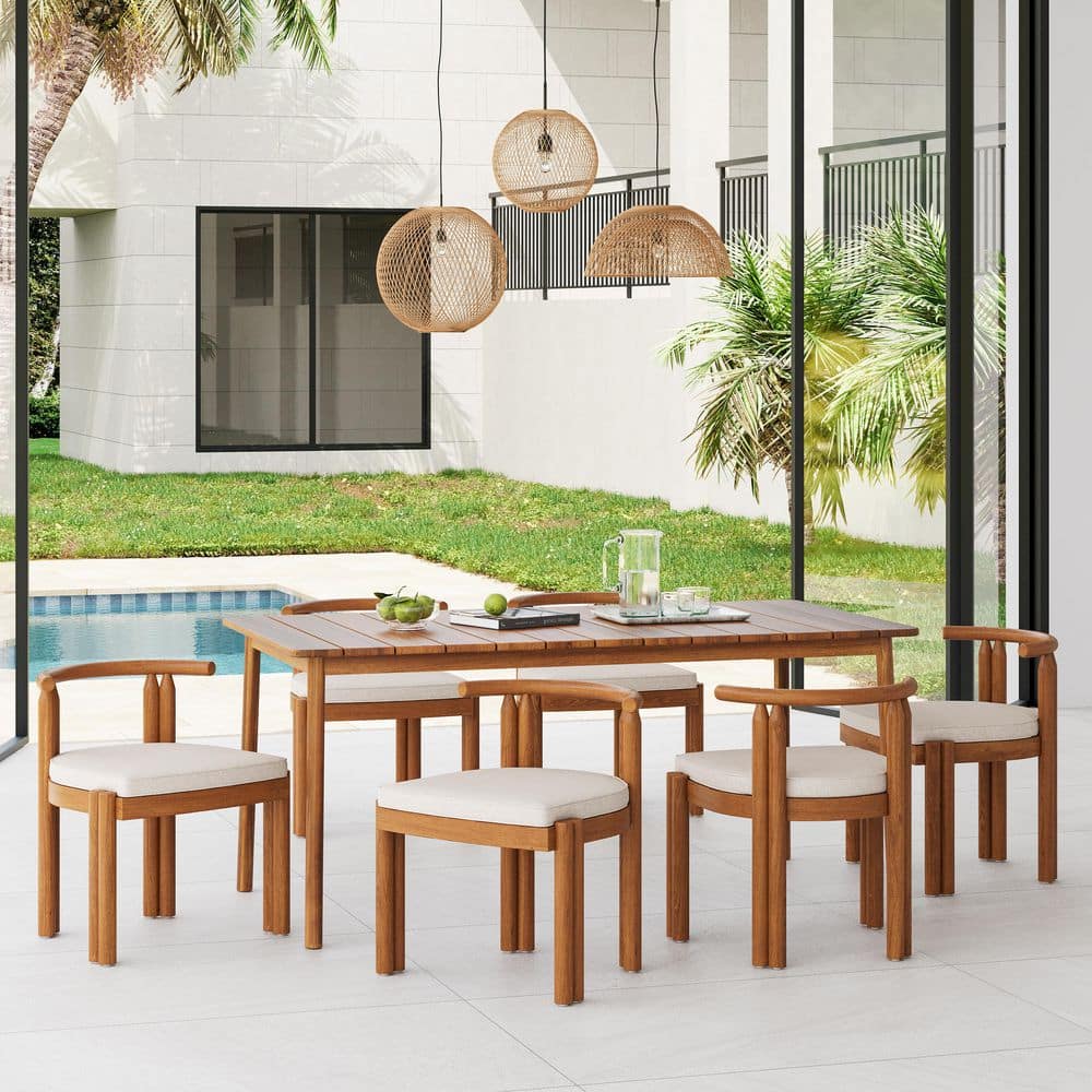 Calden Rustic Patio 7-Piece Teak Finish Solid Wood Rectangle Outdoor Dining Set with Beige Cushions, Slat Tabletop