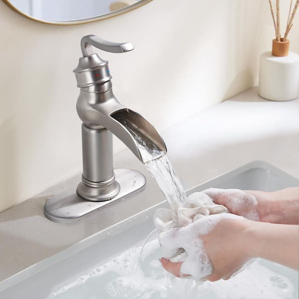 Single Handle Single Hole Waterfall Bathroom Sink Faucet with Deckplate Drain Kit Vanity Sink Spout in Brushed Nickel