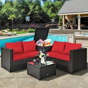 4-Piece Rattan Patio Conversation Set with Red Cushions and Storage Box