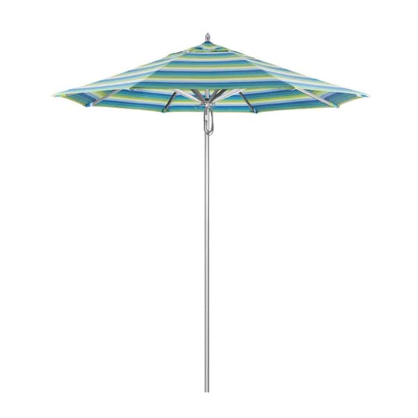 California Umbrella 7.5 ft. Silver Aluminum Commercial Market Patio Umbrella with Pulley Lift in Seville Seaside Sunbrella