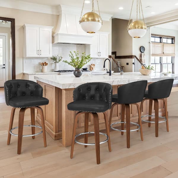 Wei 35 in. Height Black Faux Leather Counter Height Solid Wood Leg Swivel Bar stool (Set of 4)