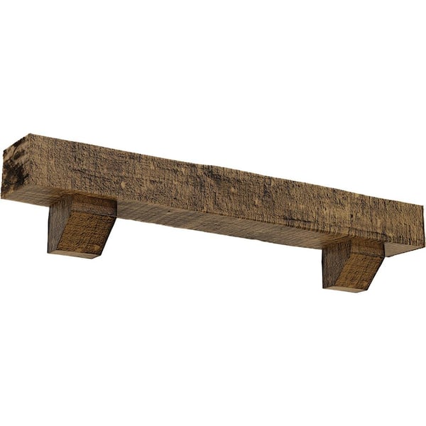 Ekena Millwork 4 in. x 4 in. x 3 ft. Rough Cedar Faux Wood Fireplace Mantel Kit, Ashford Corbels, Natural Golden Oak