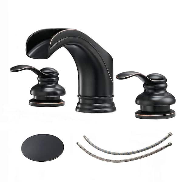 BWE 8 in. Waterfall 2-Handle Bathroom Widespread Sink Faucet With Pop-up Drain Assembly in Spot Resist Oil Rubbed Bronze