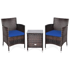 3-Piece Wicker Outdoor Furniture Sets Patio Conversation Set Chairs Coffee Table with Navy Cushion