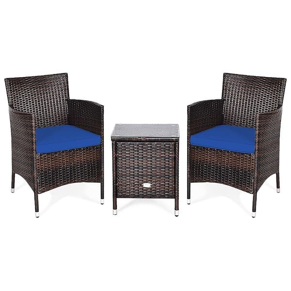 Costway 3-Piece Wicker Outdoor Furniture Sets Patio Conversation Set Chairs Coffee Table with Navy Cushion