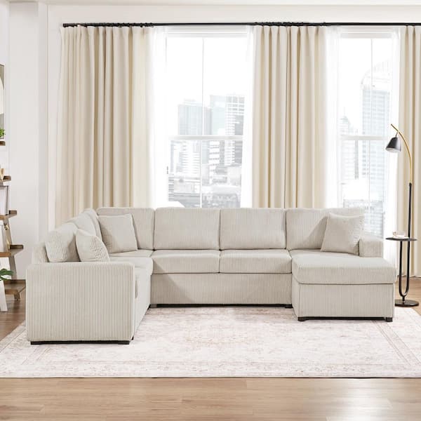 115.3 in. Square Arms Corduroy Fabric U-Shaped Sofa in Light Gray