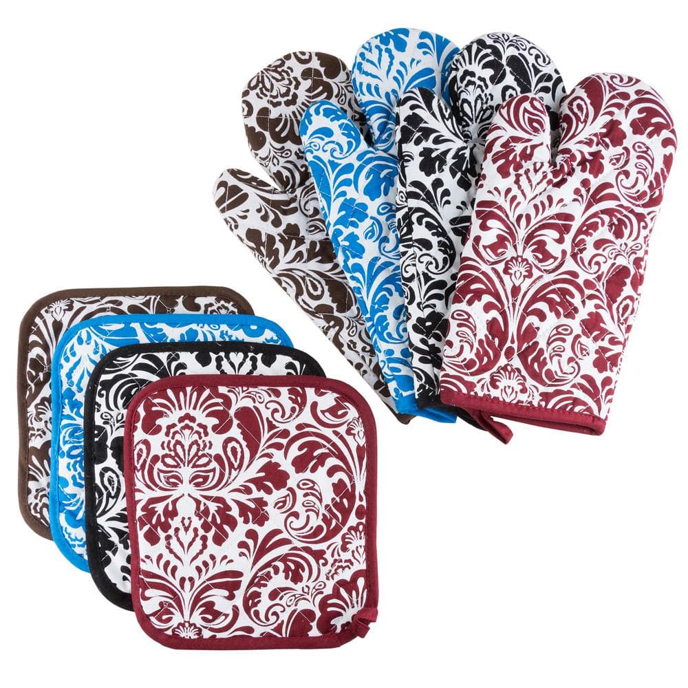 Blue and White Cotton Quilted Oven Mitt and Pot Holder Set