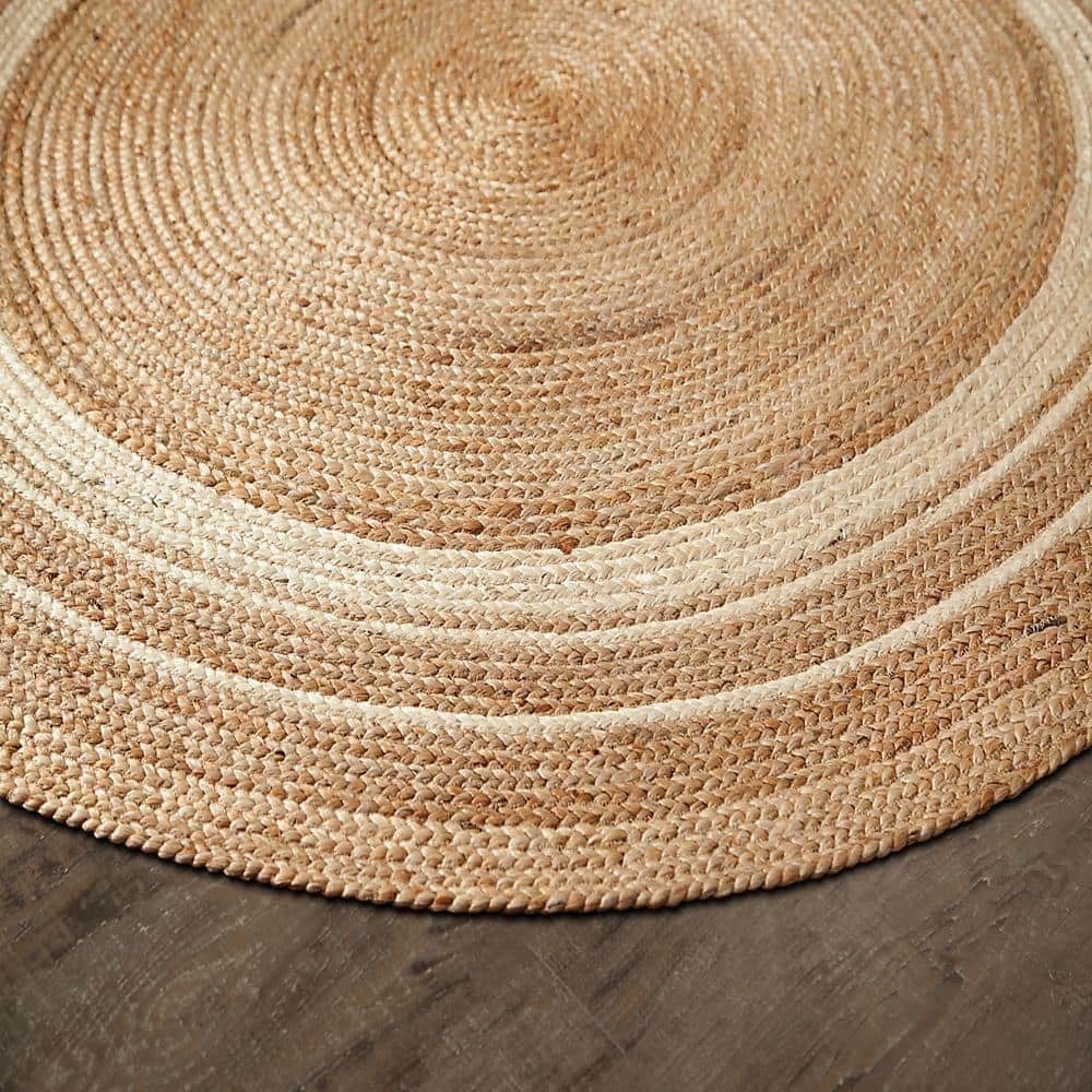 Sunrise Beige Tan Ivory Braided Wool Round Rug, 6' Diameter