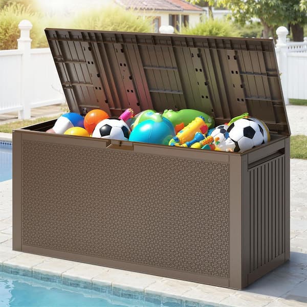 90 Gal. Brown Upgraded Resin Deck Box, All-Weather Fall-Inspired Corn Maze Look Outdoor Storage Box with Side Handle