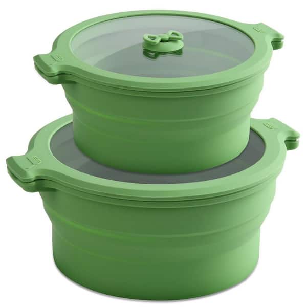 2-Piece 0.8L 1.4L Clear Collapsible Silicone Microwaveable Steamer Cooker with Lids Sealed Food Storage Bowls in Green
