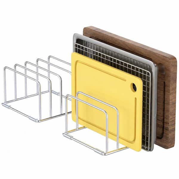 Silver Stainless Steel 2-Pack Cutting Board Organizer with 4 Slots for Countertop Bakeware and Cookie Sheets