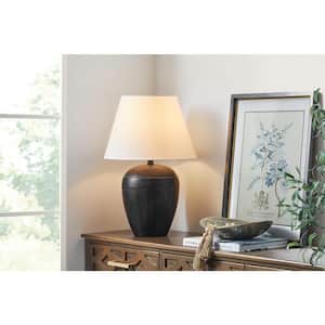 Prestwick 23.75 in. Black Artisan Ceramic Table Lamp with White Linen Bell Shade