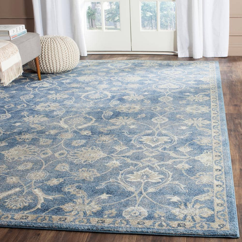 Sofia Blue and Beige Hand-Knotted Synthetic Area Rug