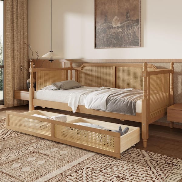 Evan Traditional Brown Twin Size Rattan Daybed with 2 Drawers, Antique Walnut
