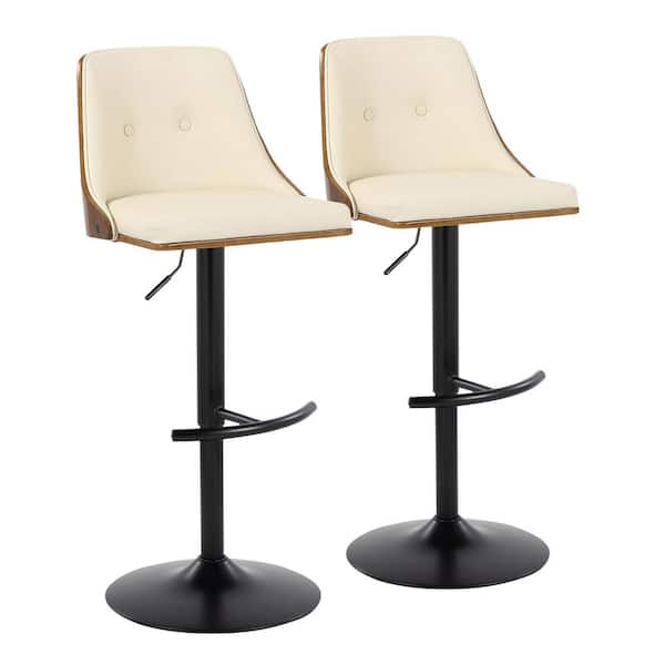 Lumisource Gianna 32.75 in. Cream Faux Leather, Walnut Wood and Black Metal Adjustable Bar Stool (Set of 2)