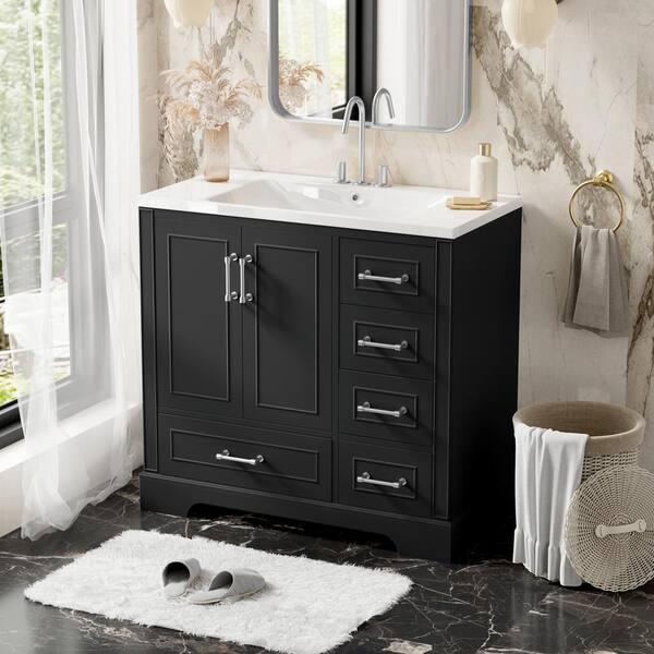 36 in. W Traditional Bathroom Vanity in Black with White Resin Sink Combo Set and Two Doors, Four Drawers