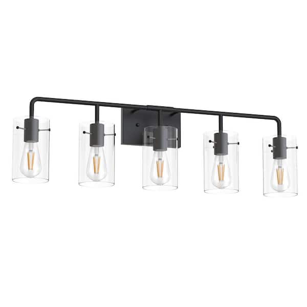 33.85 in. 5-Light Matte Black Vanity Light Fixture with Perforated Cylinder Glass Shades, E26 Bathroom Wall Sconce