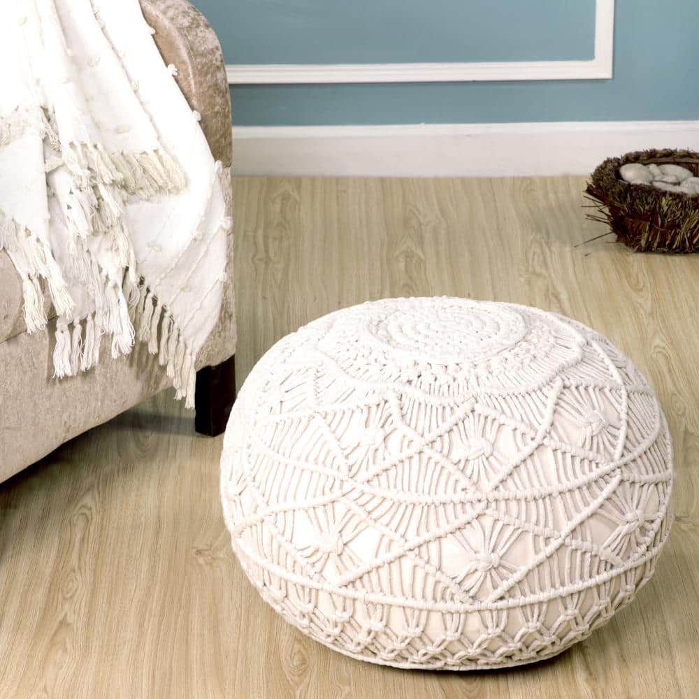 Braided Cotton Bliss Round Pouf in Beige/Natural, 20" x 16"