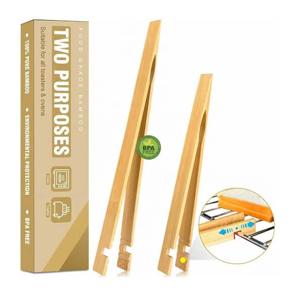 Natural Bamboo Finish Kitchen Tongs Toaster Accessory Set for Bread, Fruit, Cheese, Pickles, Muffins 2 Piece