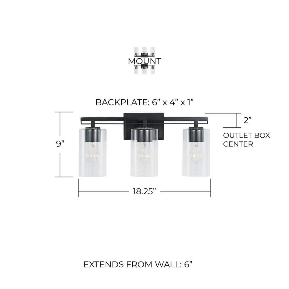 Matte Black Steel and Glass 3-Light Dimmable Vanity Fixture