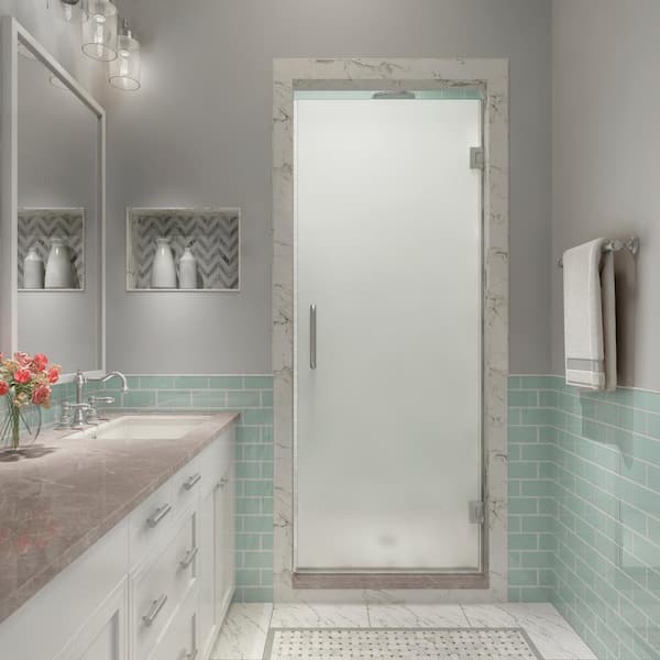 Aston Kinkade XL 26.25 in. - 26.75 in. x 80 in. Frameless Hinged Shower Door with UltraBright Frosted Glass in Stainless Steel