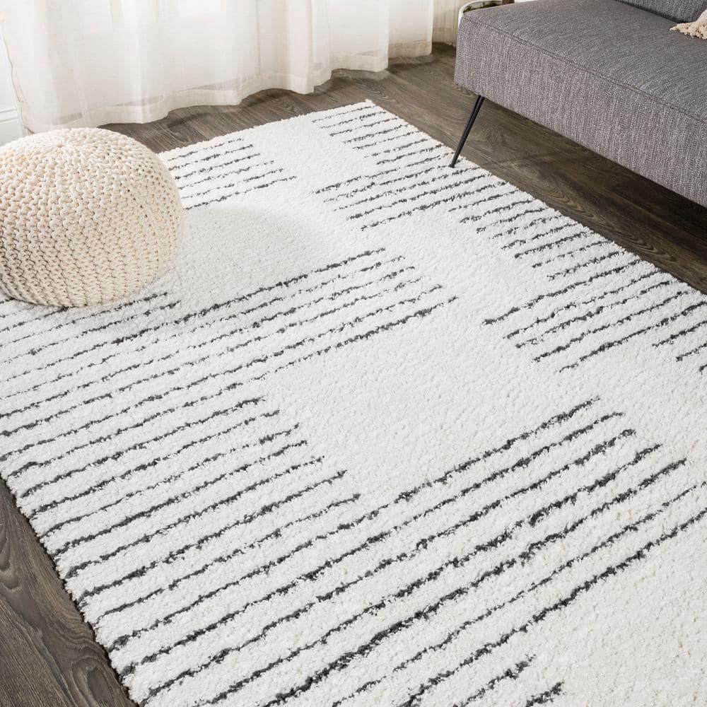 8' x 10' White and Black Stripe Shag Area Rug