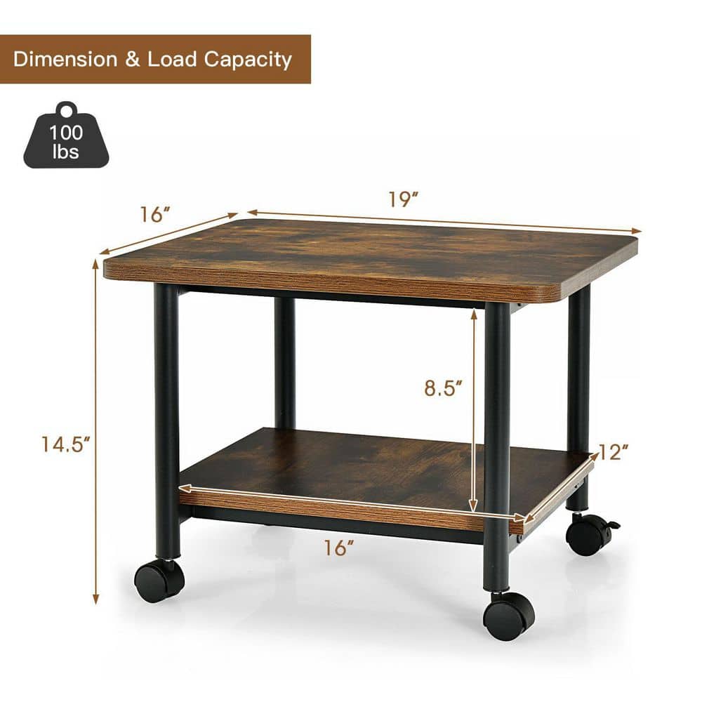 Brown 2-Tier Rolling Under Desk Printer Stand with Storage Shelves
