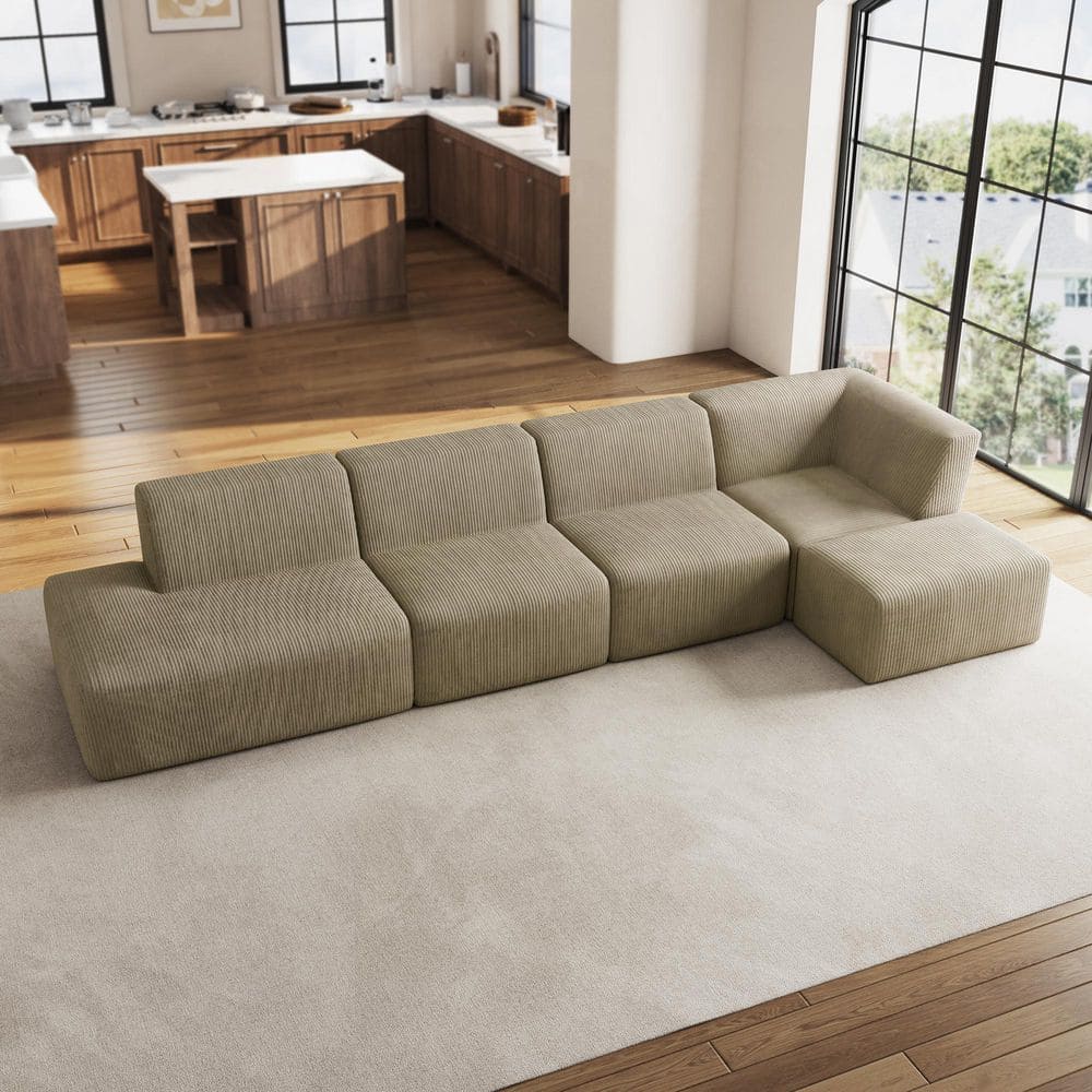 155.75 in. Modern Square Arm 5-Piece Corduroy Modular Free Combination Sectional Sofa in Khaki with Ottoman
